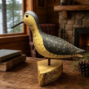 Vintage Hand Carved Wooden Shorebird Decoy On A Stand Folk Art Rustic Decor